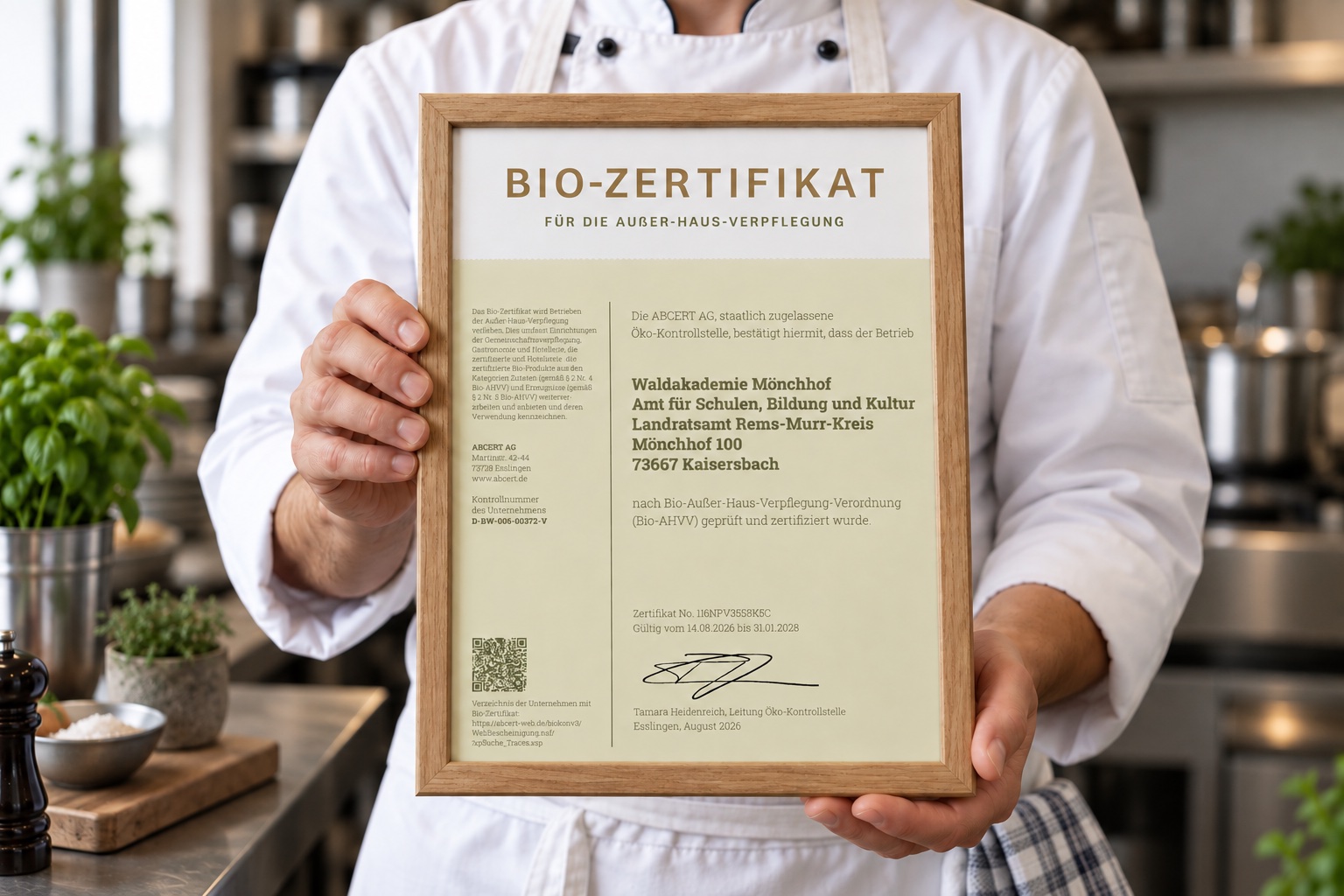Koch in weißer Kochjacke hält das gerahmte Bio-Zertifikat der Waldakademie Mönchhof in einer Küche