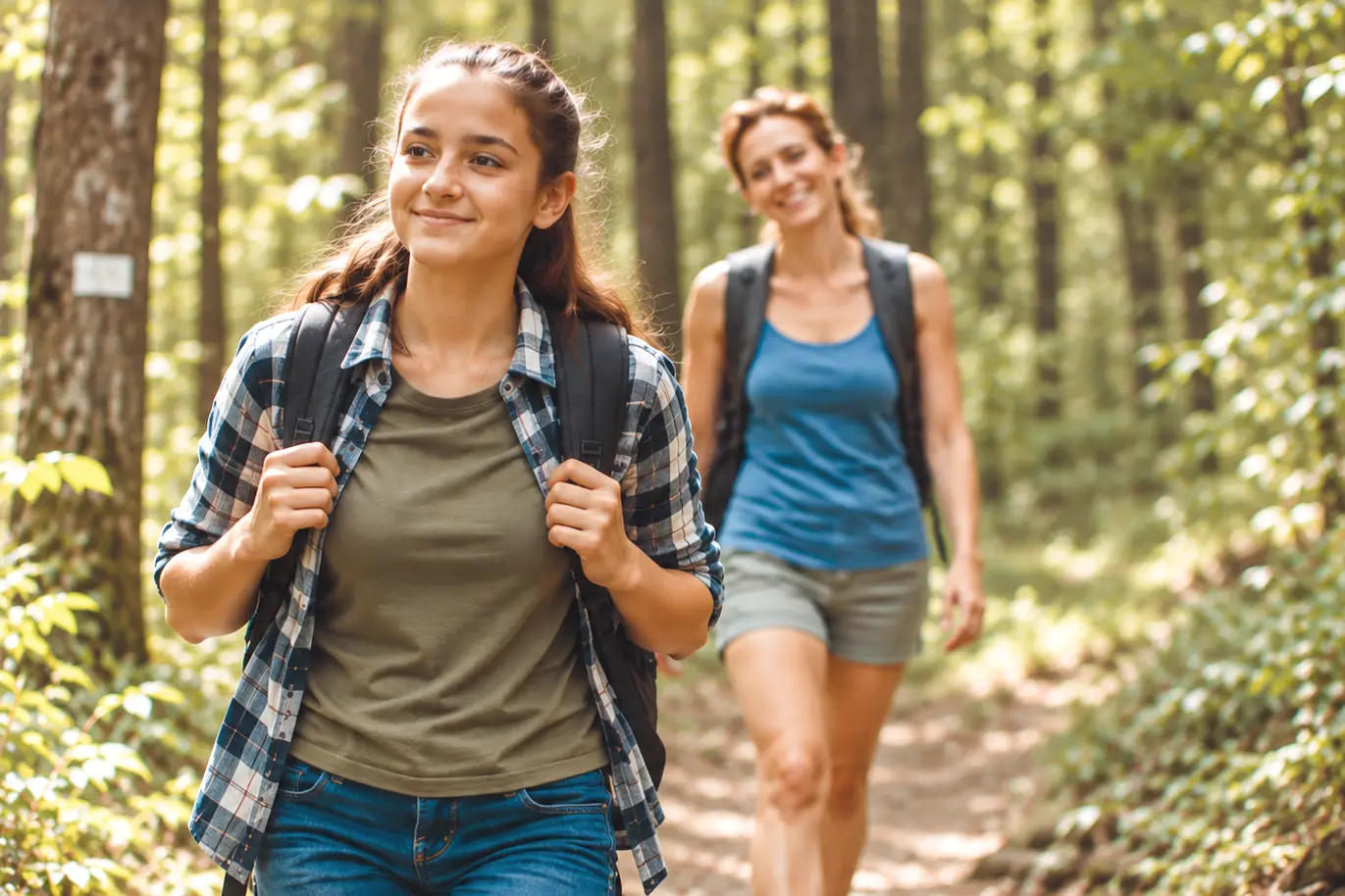 Zwei Wanderinnen mit Rucksäcken auf einem sonnigen Waldweg