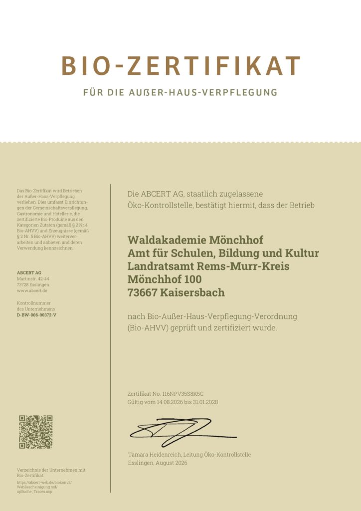 Bio-Zertifikat der ABCERT AG für die Waldakademie Mönchhof, ausgestellt im August 2026
